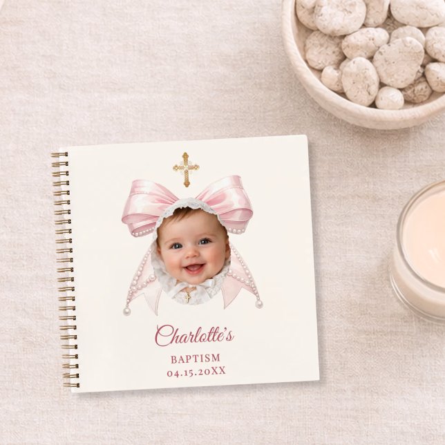 Guest Book Baptism Pink Bow Ivory Girl Photo (Creator Uploaded)