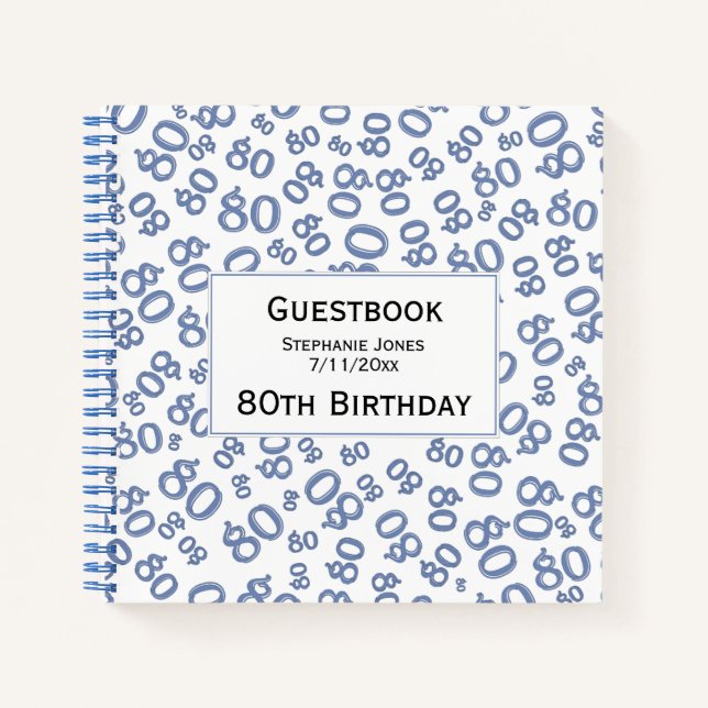 Guest Book Birthday 80 Number Pattern Blue/White (Front)