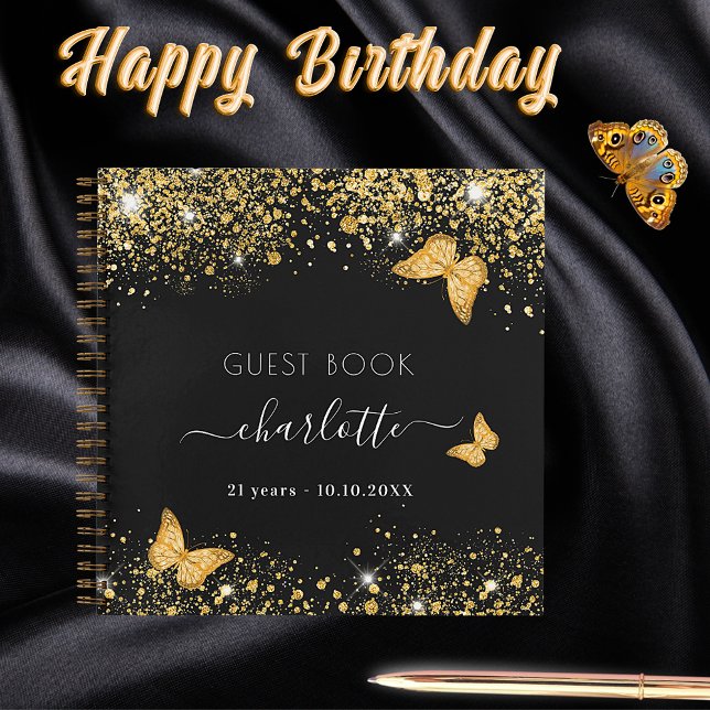 Guest book birthday black gold butterflies glitter (Creator Uploaded)