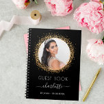 Guest book birthday black gold glitter photo<br><div class="desc">A guest book for a feminine and glamourous 21st (or any age) birthday party.  A stylish black background with faux gold glitter sparkles round the photo.  Add your name,  age 21,  date and a photo.</div>