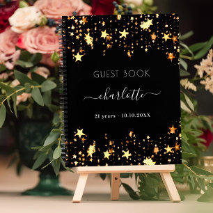 Guest book birthday black gold stars name
