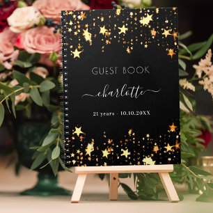Guest book birthday black gold stars name