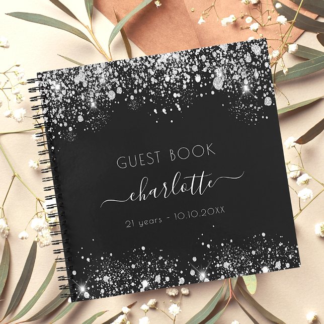Guest book birthday black silver glitter monogram (Creator Uploaded)