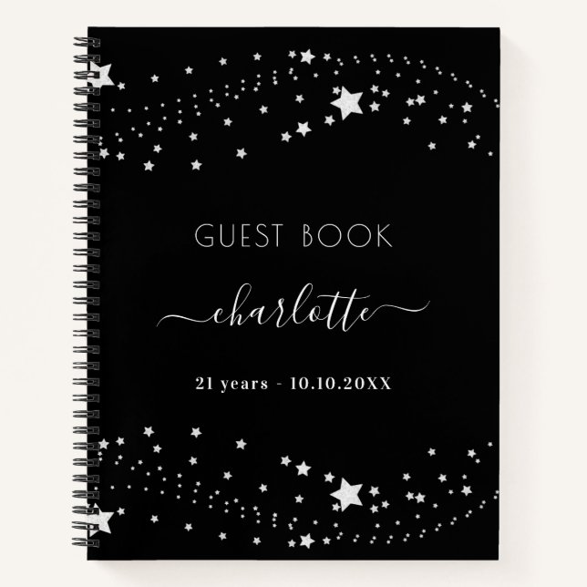 Guest book birthday black silver stars name (Front)