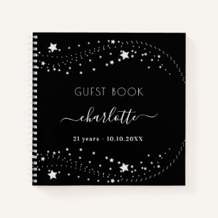 Guest book birthday black silver stars name