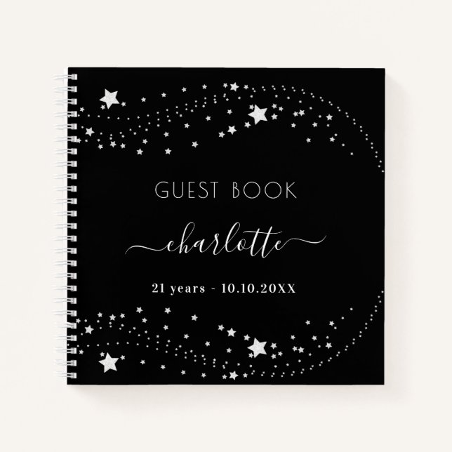 Guest book birthday black silver stars name (Front)