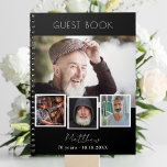 Guest book birthday black white photo collage<br><div class="desc">Create your own unique photo collage. Use four,  4 of your favorite photo.   Personalize and a name and age/dates. Black background,  white text.  For both him and her.</div>