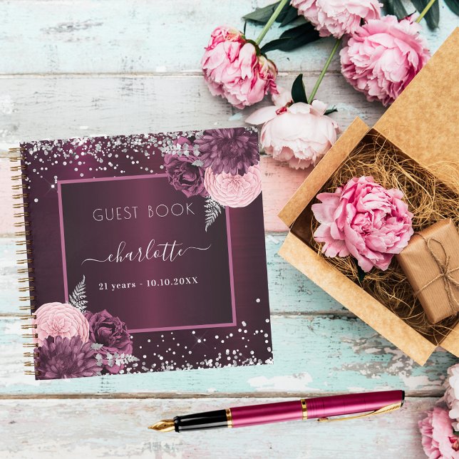 Guest book birthday burgundy silver floral (Creator Uploaded)