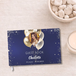 Guest book birthday navy blue photo gold balloons