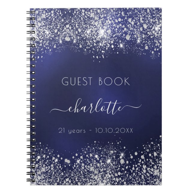 Guest book birthday navy blue silver glitter (Front)