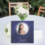 Guest book birthday navy blue silver glitter photo<br><div class="desc">A guestbook for a feminine and glamourous 21st (or any age) birthday party.  A stylish navy blue background with faux silver glitter sparkles round the photo. The blue colour is uneven. Add your name,  age 21,  date and a photo.</div>