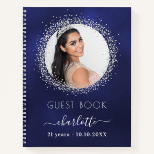 Guest book birthday navy blue silver glitter photo