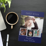 Guest book birthday navy blue white photo collage<br><div class="desc">Create your own unique photo collage. Use four,  4 of your favourite photo.   Personalize and a name and age/dates. Navy blue background,  white text.  For both him and her.</div>