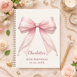 Guest book Birthday pink bow ivory pearls