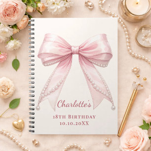 Guest book Birthday pink bow ivory pearls
