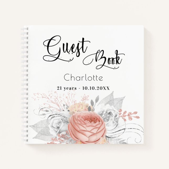 Guest book birthday rose gold floral silver (Front)