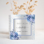 Guest book birthday silver navy blue florals<br><div class="desc">Faux silver looking background decorated with navy blue and light blue florals,  flowers,  and faux glitter,  sparkles. Personalize and your name and date.</div>