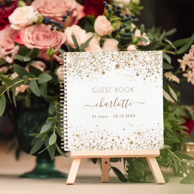 Guest book birthday white gold glitter monogram (Creator Uploaded)