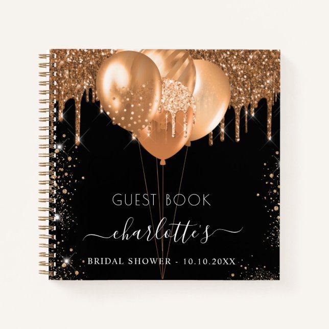 Guest book Bridal Shower black gold balloons name (Front)