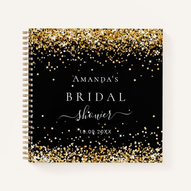 Guest book bridal shower black gold glitter name (Front)