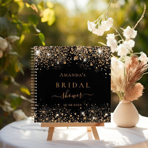 Guest book bridal shower black gold glitter name