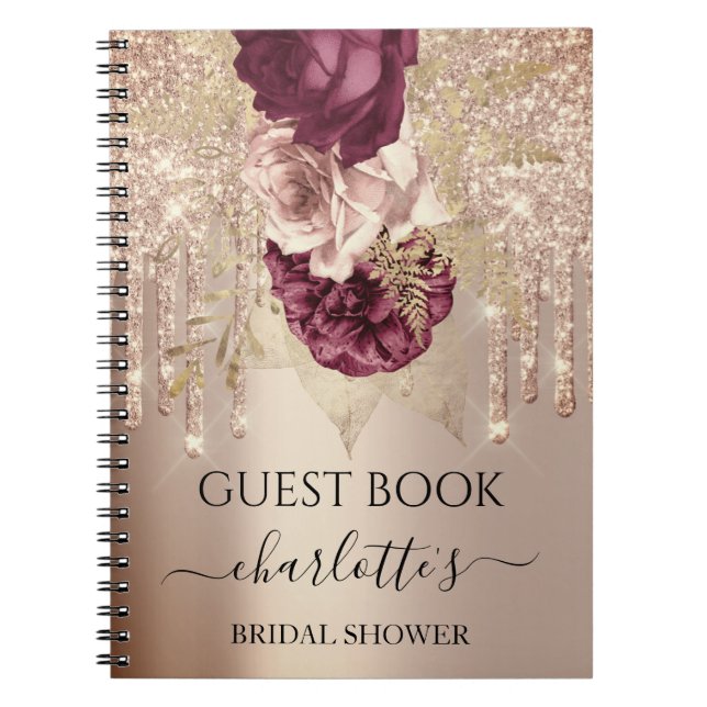 Guest Book Bridal Shower Rose Gold Marsala Drips (Front)