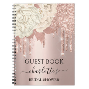 Guest Book Bridal Shower Rose Ivory Glitter Drips
