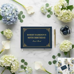 Guest Book Chic Navy Gold 80th Birthday