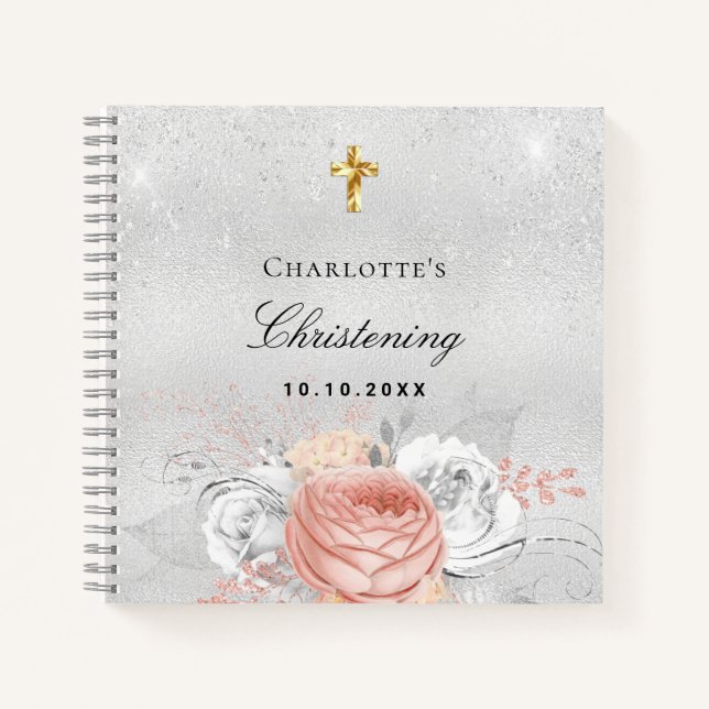 Guest book christening rose gold florals silver (Front)