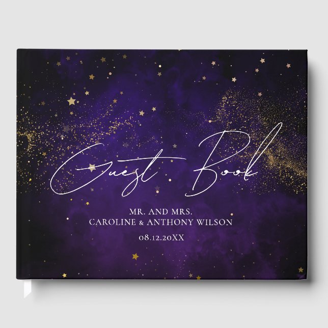 Guest Book Dark Purple Watercolor Magical Gold (Front)