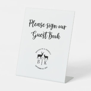 Guest Book Deer Monogram Rustic Country Wedding Pedestal Sign