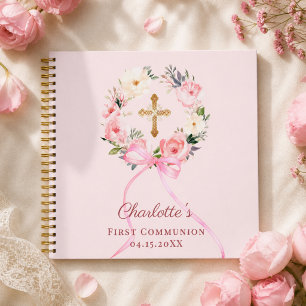 Guest book First Communion blush pink bow florals