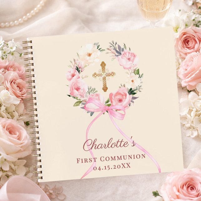Guest book First Communion ivory blush bow floral (Creator Uploaded)