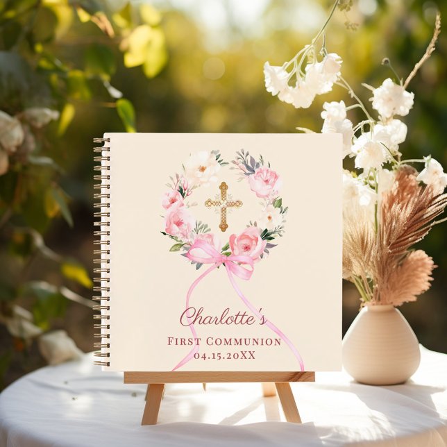 Guest book First Communion ivory blush bow floral (Creator Uploaded)