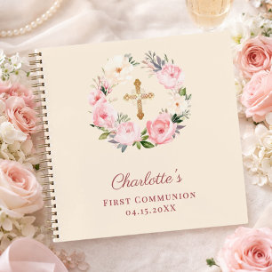 Guest book First Communion ivory blush pink floral
