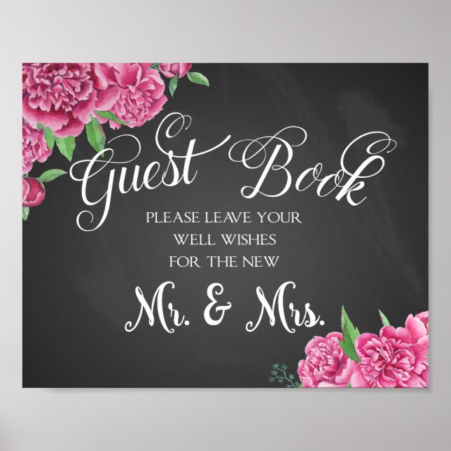 Guest book floral wedding print peony rose sign (Front)