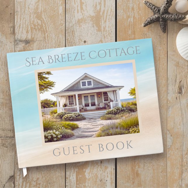 Guest Book for Beach House or Vacation Rental (coastal calm, sand and blue ocean guest book for short term rental)