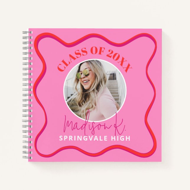 Guest Book for Grad Party Colourful Wavy Red Pink (Front)