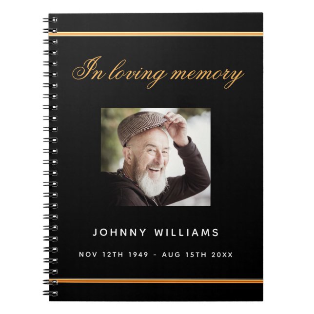 Guest book funeral memorial black gold photo (Front)