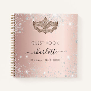 Guest book masquerade rose gold glitter birthday
