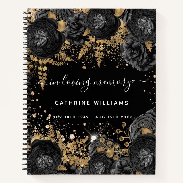 Guest book memorial black gold floral funeral (Front)