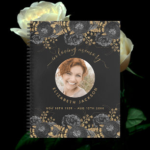 Guest book memorial black gold floral photo 