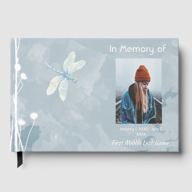 Guest Book Memorial Dragonfly White Flower (Front)