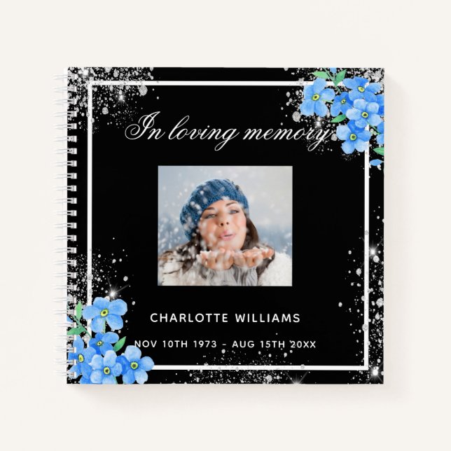 Guest book memorial funeral black floral photo (Front)