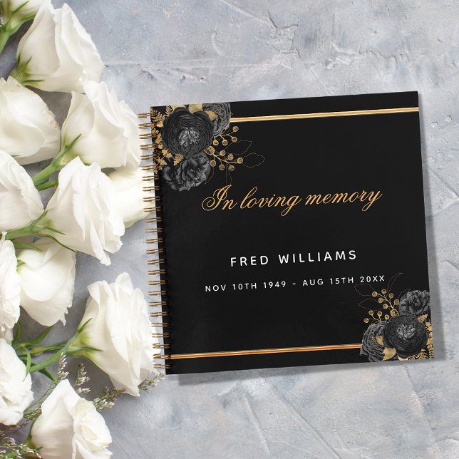 Guest book memorial funeral black gold floral (Creator Uploaded)