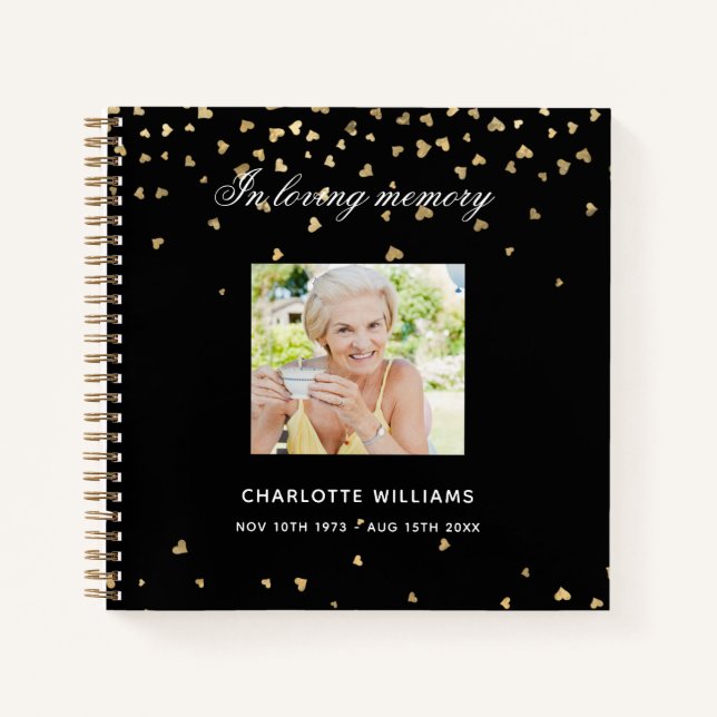 Guest book memorial funeral black gold hearts (Front)