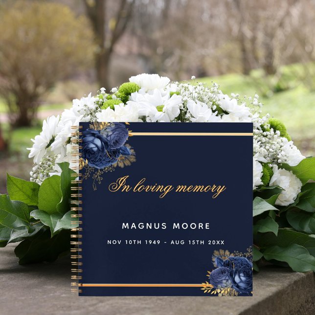 Guest book memorial funeral blue gold floral (Creator Uploaded)