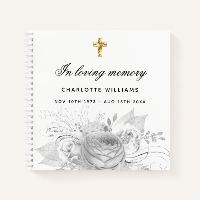 Guest book memorial funeral floral white silver (Front)