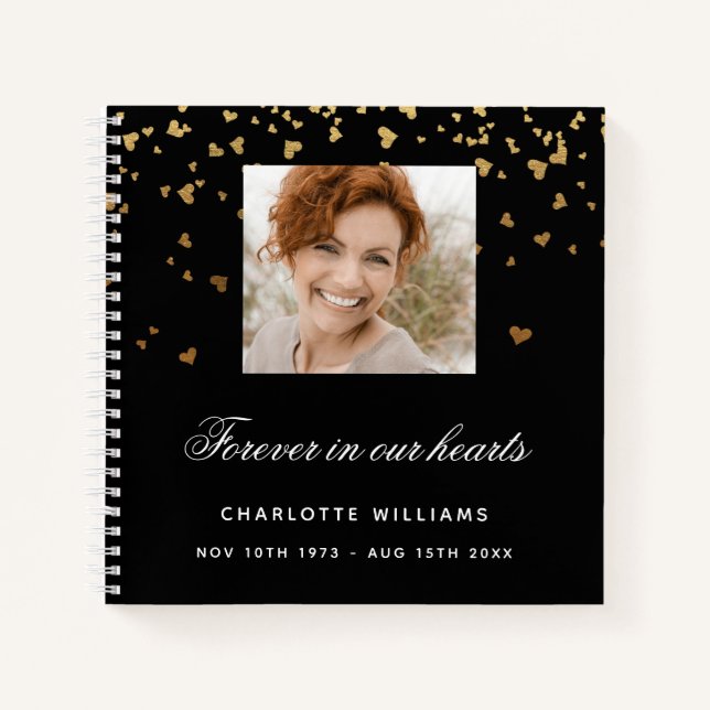 Guest book memorial photo black gold hearts (Front)