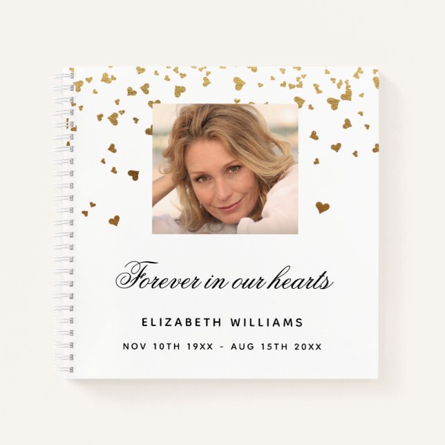 Guest book memorial photo white gold hearts (Front)